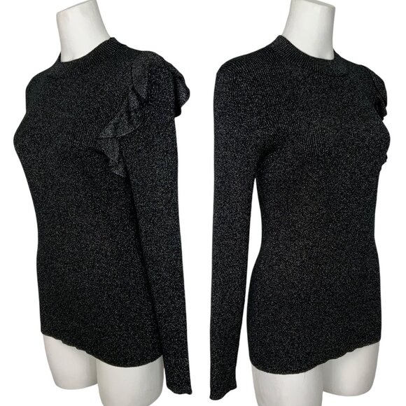 Ted Baker Addale Sweater Ted/4 US/L Silver Metallic Black Ribbed Knit Ruffle - Picture 3 of 12